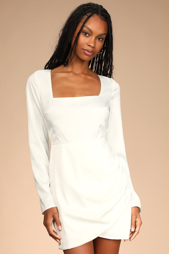 Chic Standing White Satin Long Sleeve Tulip Mini Dress 1