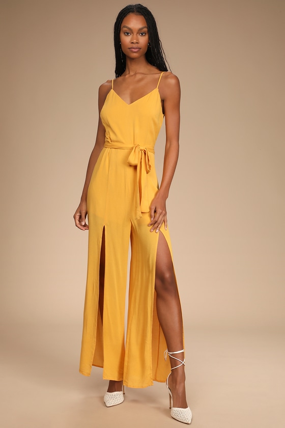 Lulus | Stay Gold Yellow Sleeveless Wide-Leg Jumpsuit | Size Medium | 100% Rayon