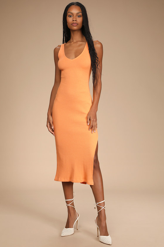 Beauty in Simplicity Light Orange Ribbed Bodycon Midi Dress 1