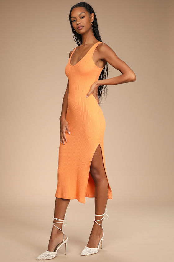 Beauty in Simplicity Light Orange Ribbed Bodycon Midi Dress 2