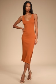 Beauty in Simplicity Rust Orange Ribbed Bodycon Midi Dress