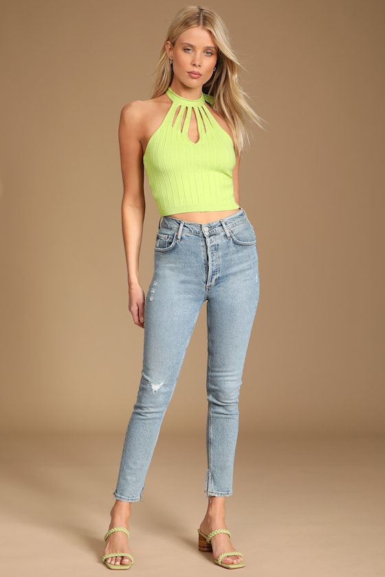 Style Strike Lime Green Ribbed Knit Cutout Cropped Halter Top 2