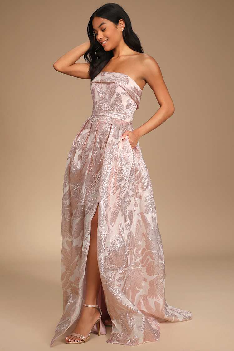 Blush Jacquard Dress - Strapless Maxi Dress - Pleated Maxi Dress - Lulus
