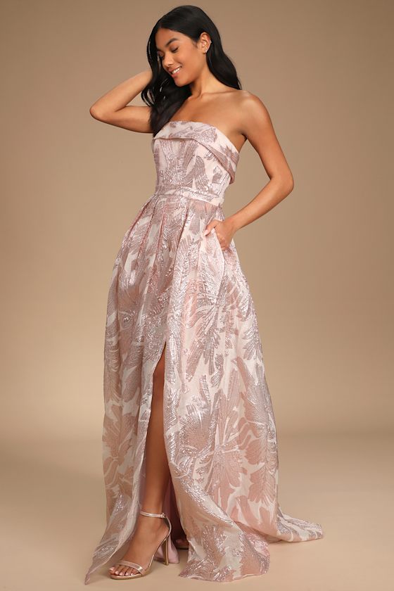 Blush Jacquard Dress Strapless Maxi Dress Pleated Maxi Dress Lulus