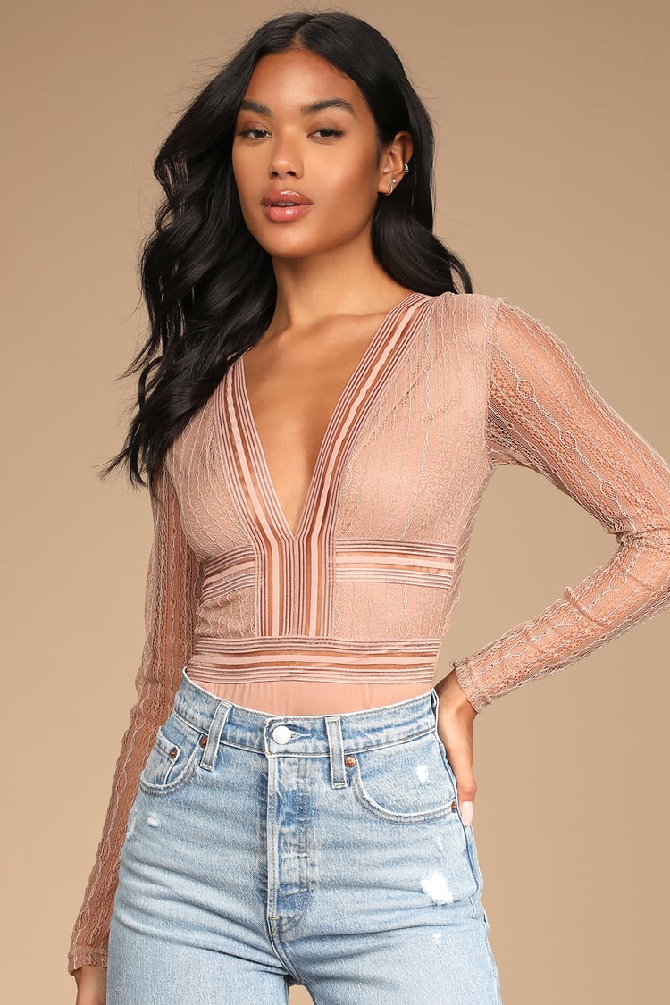 Sexy Beige Bodysuit - Sheer Lace Bodysuit - Long Sleeve Bodysuit