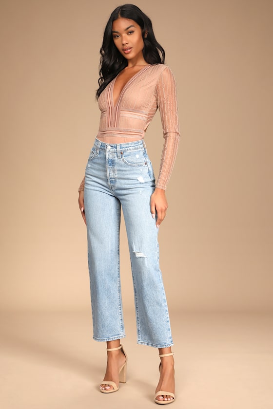 Sexy Beige Bodysuit - Sheer Lace Bodysuit - Long Sleeve Bodysuit