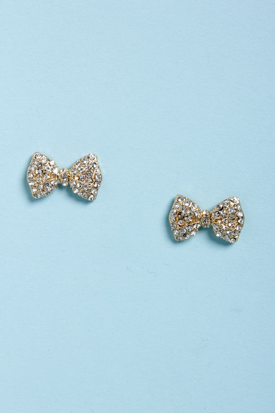 Cute Rhinestone Earrings Gold Earrings Bow Earrings 11.00 Lulus