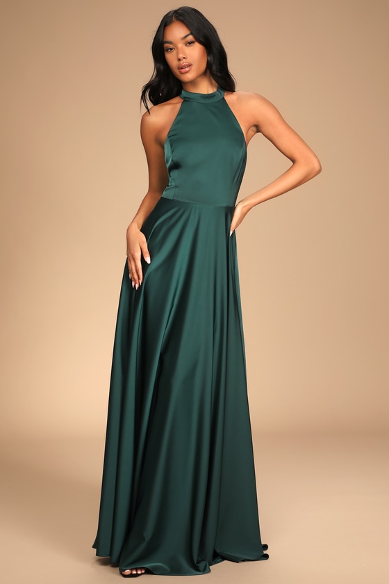 Elegant Entrance Emerald Green Satin Tie-Back Maxi Dress