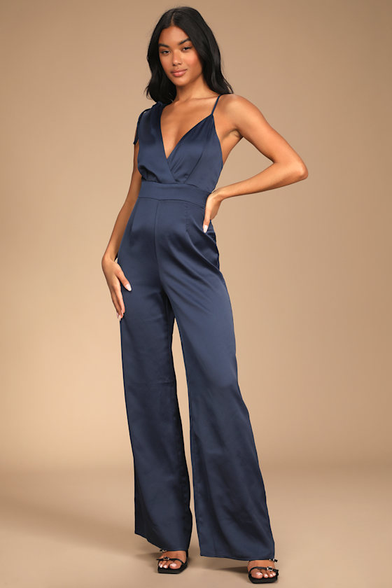 Look of Luxe Navy Blue Satin Asymmetrical Wide-Leg Jumpsuit 8