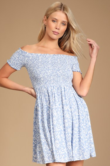 One I Love Light Blue Floral Print Off-the-Shoulder Mini Dress