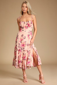 Tea Party Chic Pink Floral Print Tie-Strap Tiered Midi Dress