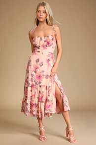 Tea Party Chic Pink Floral Print Tie-Strap Tiered Midi Dress 6