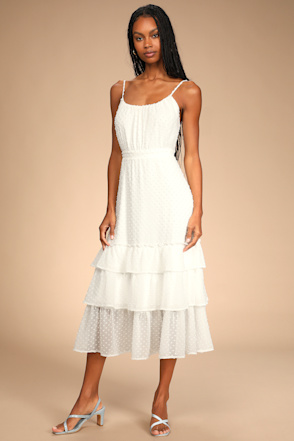 White Midi Dress - Swiss Dot Dress - Tiered Midi Dress - Lulus
