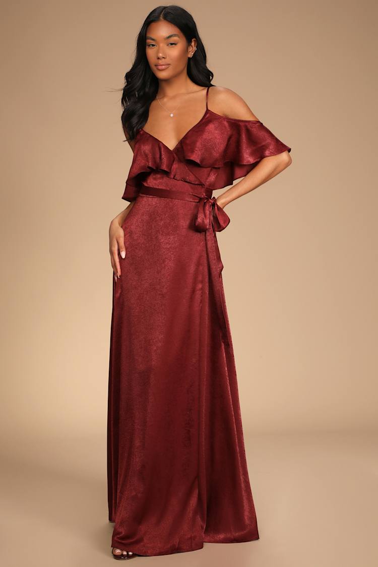 Bugundy Orange Dress - Cold-Shoulder Maxi - Rust Wrap Dress - Lulus Bugundy Orange Dress - Cold-Shoulder Maxi - Rust Wrap Dress - Lulus