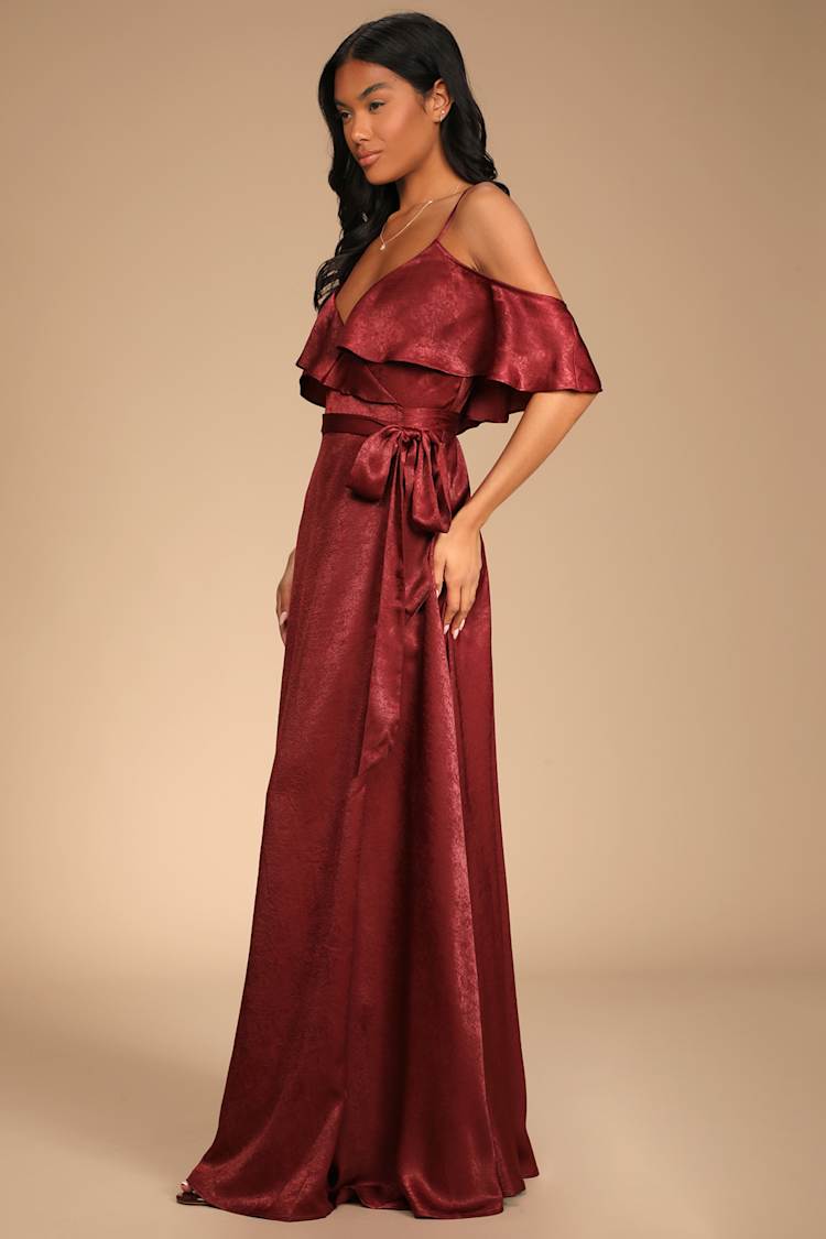 lulus burgundy wrap dress Lovely Burgundy Dress - Satin Dress - Wrap Maxi Dress