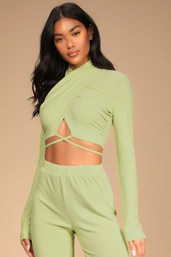 Freestyle 'Fit Light Green Ribbed Cross-Front Tie-Waist Crop Top 8
