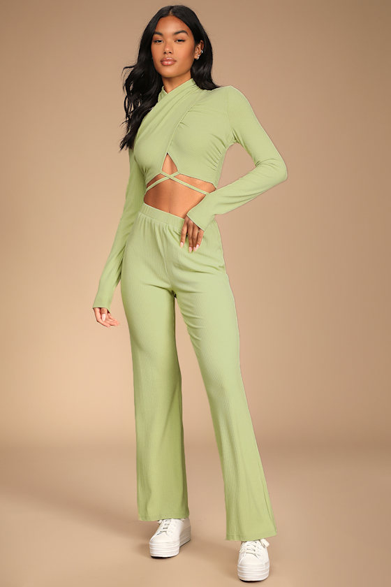 Freestyle 'Fit Light Green Ribbed Wide-Leg Lounge Pants 8