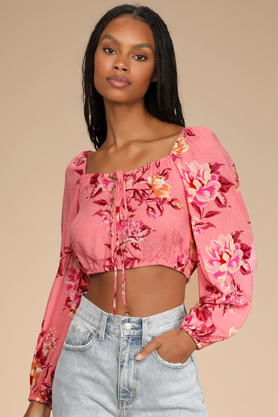 Pink Floral Print Top - Long Sleeve Top - Lace-Up Crop Top - Lulus