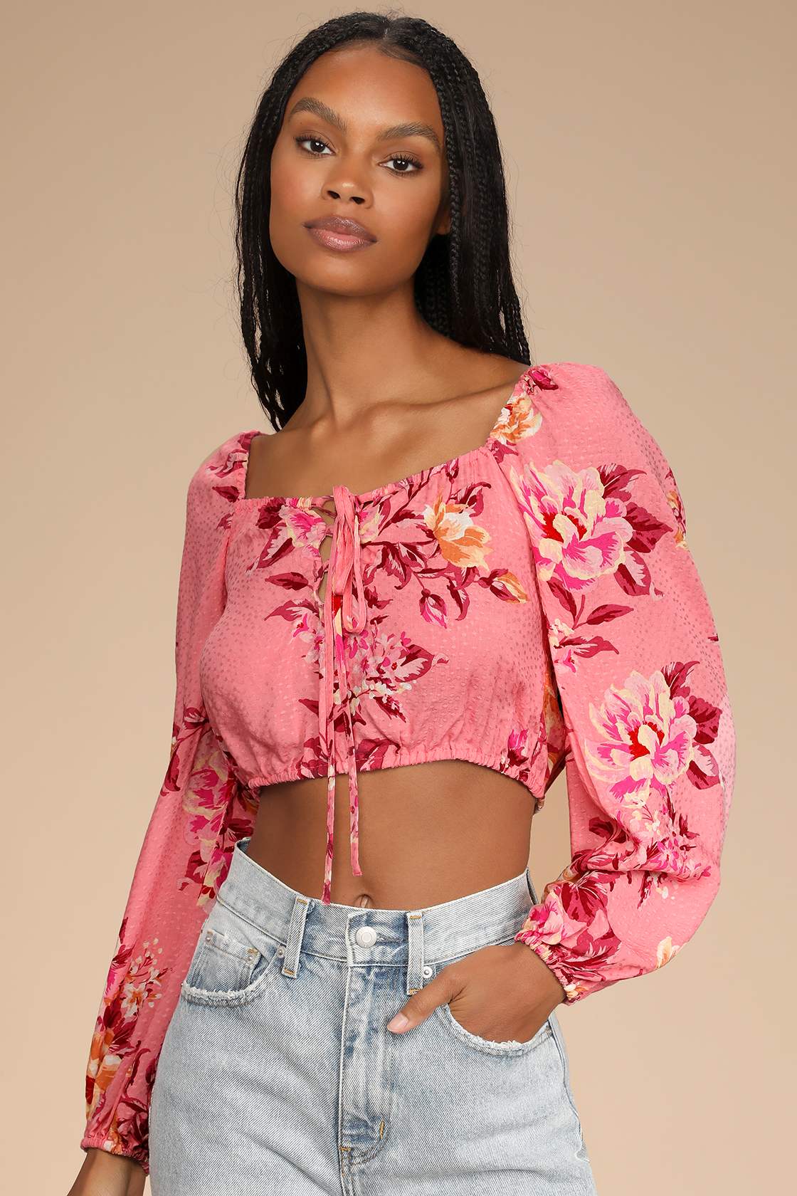 Pink Floral Print Top Long Sleeve Top LaceUp Crop Top Lulus