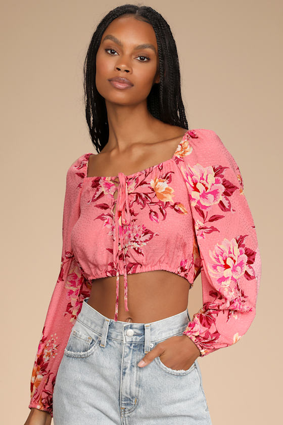 Cheerful Disposition Pink Floral Print Lace-Up Crop Top 1