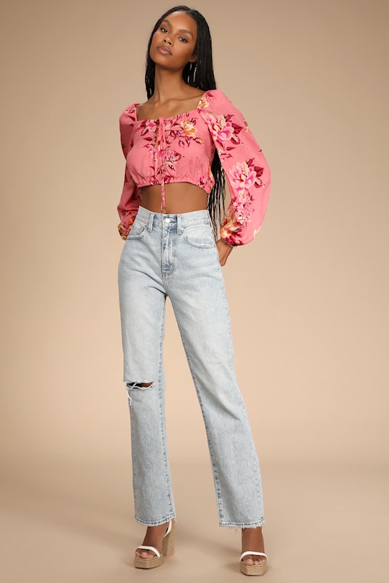 Cheerful Disposition Pink Floral Print Lace-Up Crop Top 2