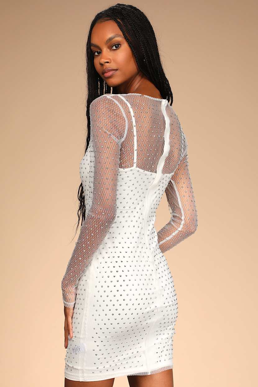 knee length dresses for ladies Rhinestone Mesh Dress in White main image 1