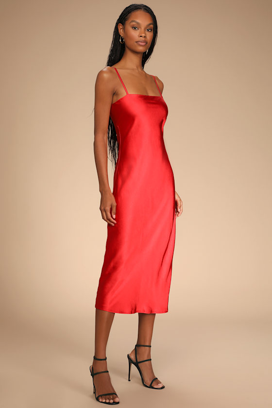 Leading Lady Red Satin Lace-Up Midi Slip Dress 6