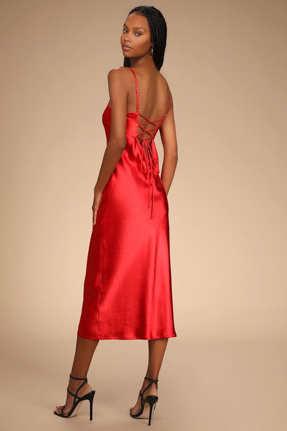 Leading Lady Red Satin Lace-Up Midi Slip Dress 2