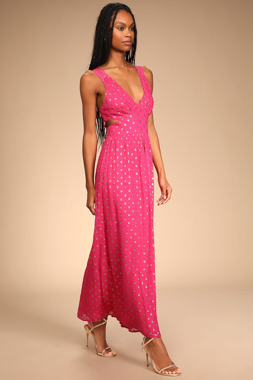 Hot Pink Maxi Dress - Polka Dot Dress - Cutout Maxi Dress