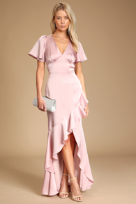 Eternal Bond Blush Satin Ruffled Flutter Sleeve Maxi Dress