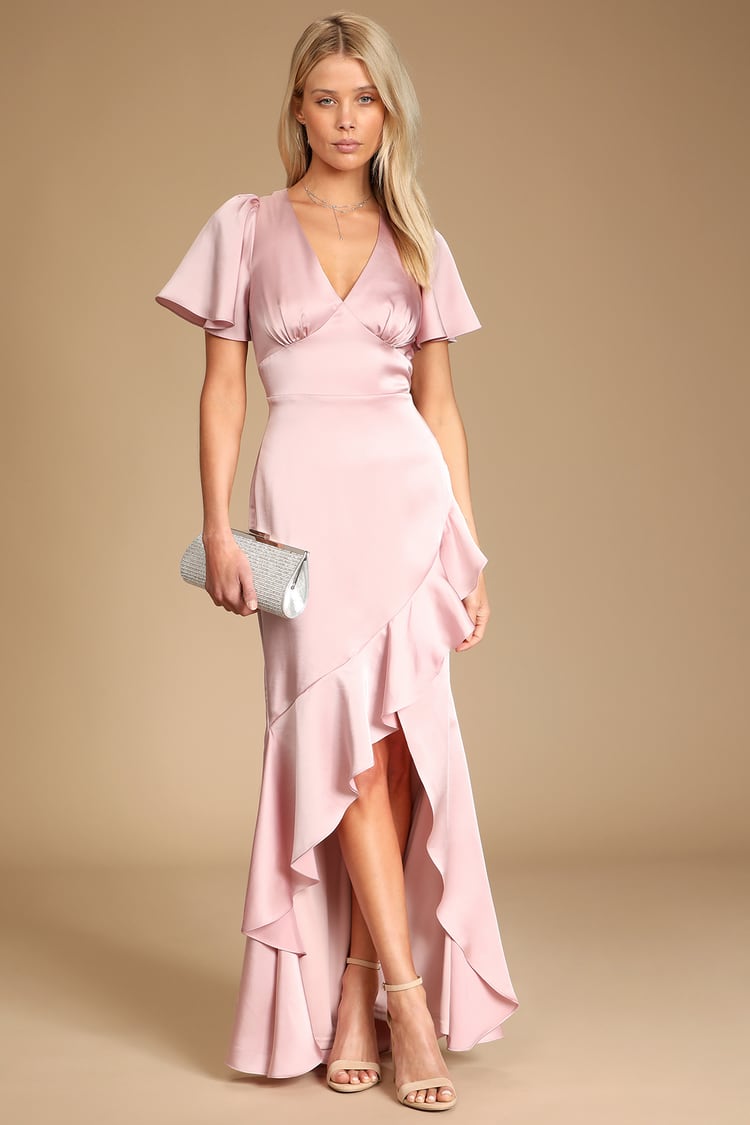 Blush Satin Maxi Dress - Chic Ruffled Maxi - Flutter Sleeve Gown