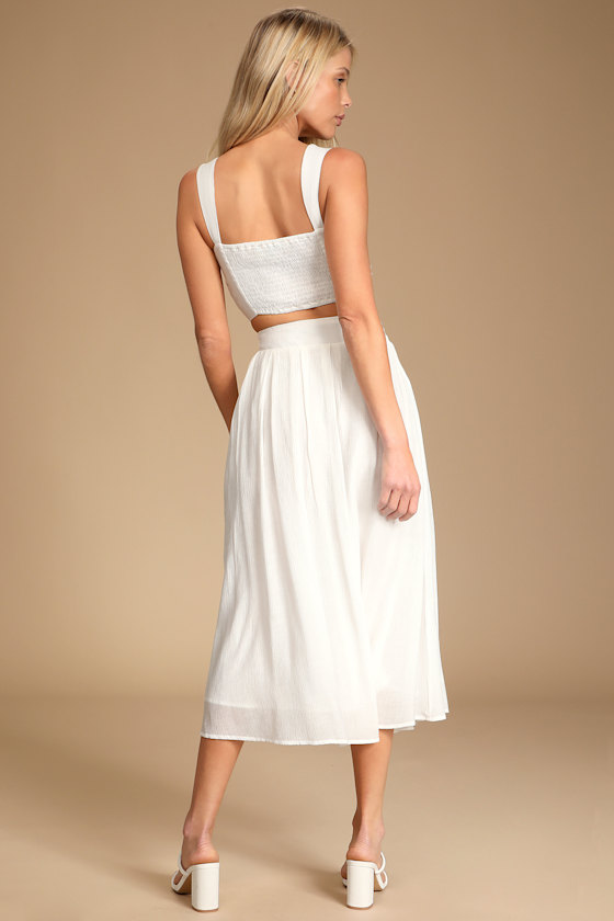 White satin tie front two piece skirt set
