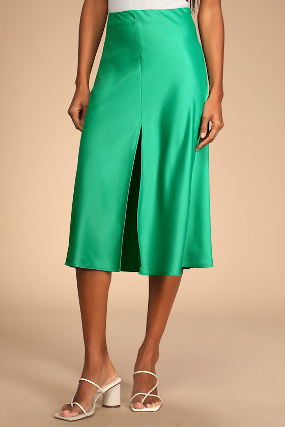 Praiseworthy Perspective Green Satin Midi Skirt 9