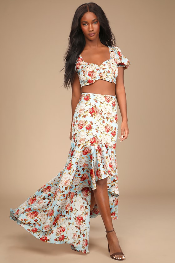 Easily Enchanting Light Blue Floral Print High-Low Maxi Skirt 1