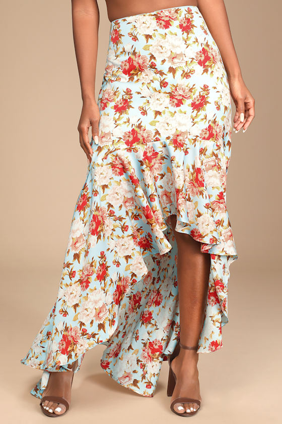 Easily Enchanting Light Blue Floral Print High-Low Maxi Skirt 6