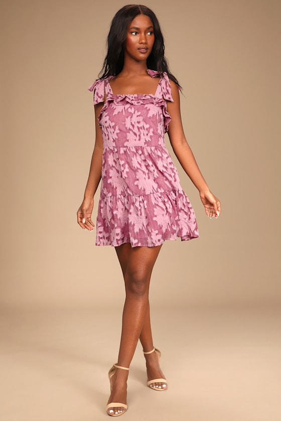 Rush of Romance Mauve Burnout Tie-Shoulder Tiered Mini Dress 4