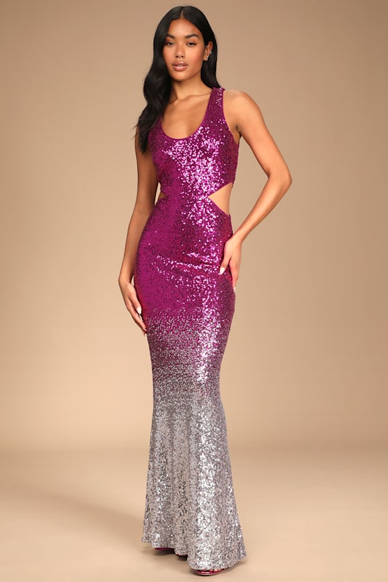 Astonishing Pink and Silver Ombre Sequin Cutout Maxi Dress 9