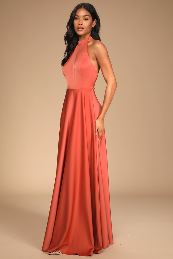 Lulus | Elegant Entrance Terracotta Satin Tie-Back Maxi Dress | Size Small | Orange | 100% Polyester