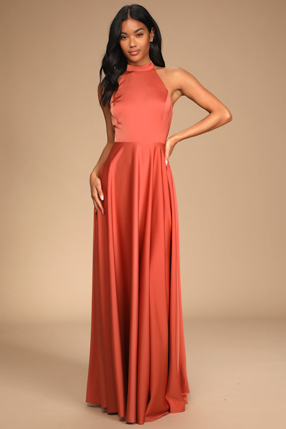 Elegant Entrance Terracotta Satin Tie-Back Maxi Dress 4