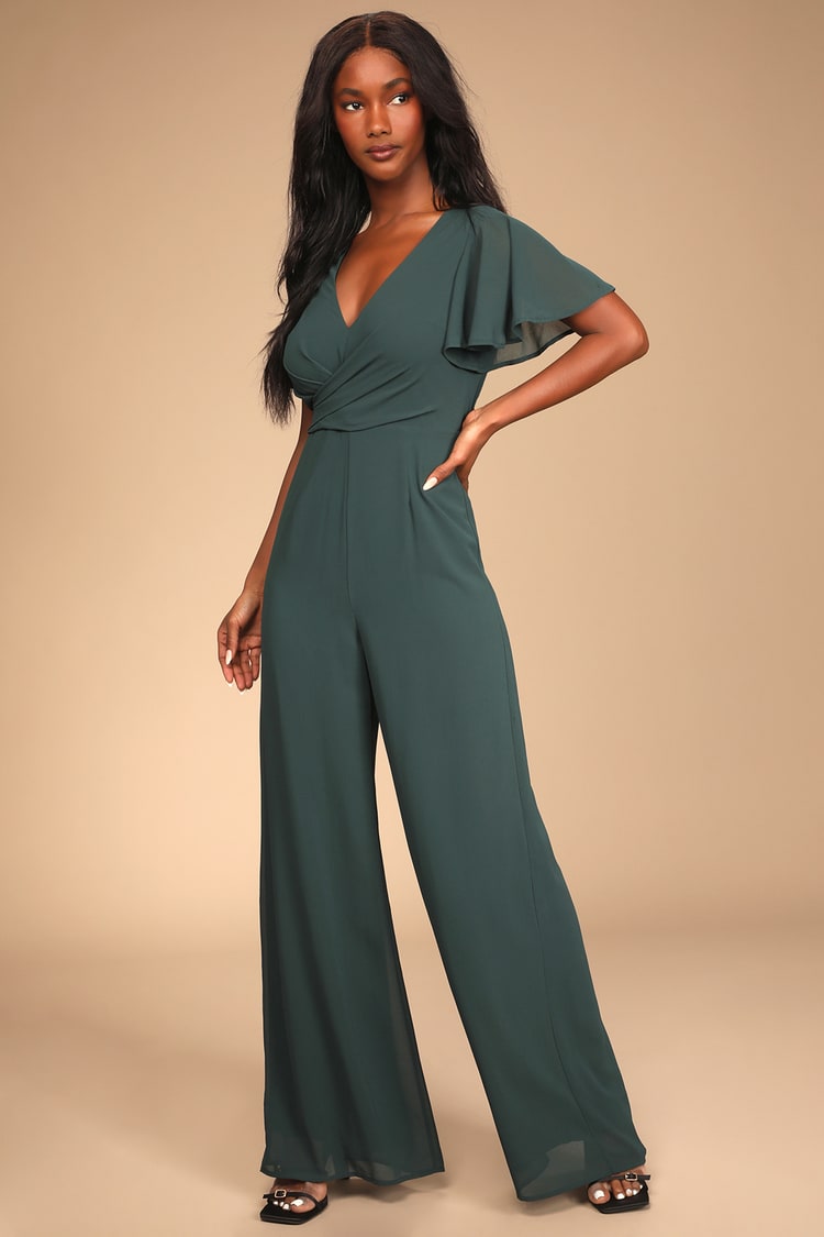 Rave Reviews Emerald Green Flutter Sleeve Wide-Leg Jumpsuit