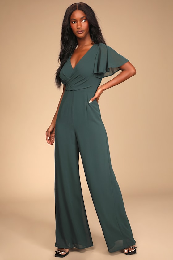 Rave Reviews Emerald Green Flutter Sleeve Wide-Leg Jumpsuit 3
