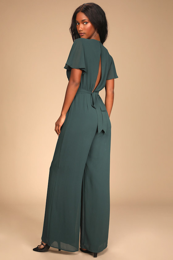 Rave Reviews Emerald Green Flutter Sleeve Wide-Leg Jumpsuit 1