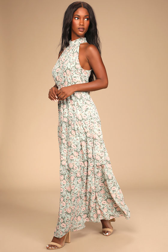 Grow Your Garden Sage Floral Print Tiered Halter Maxi Dress 10