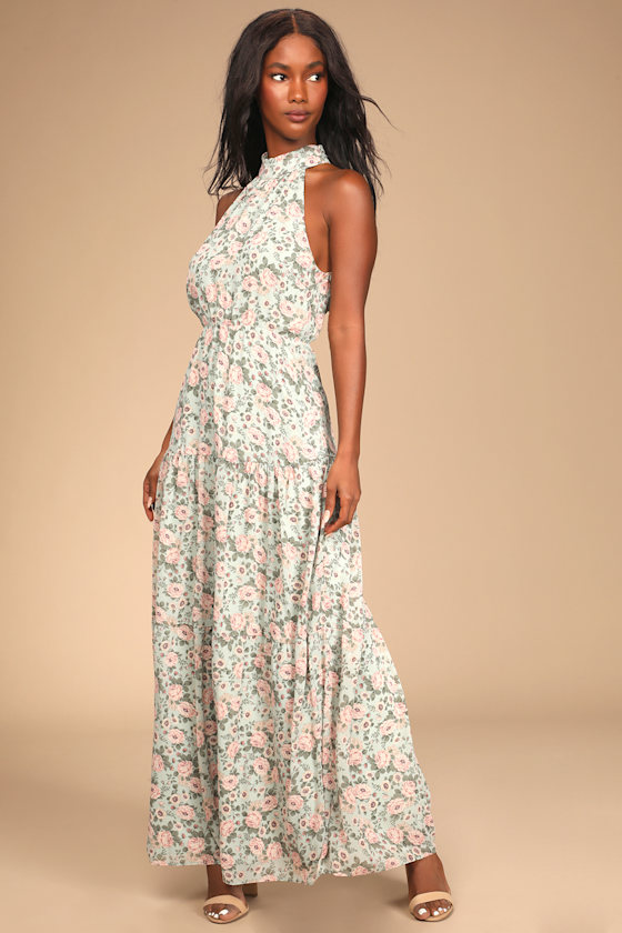 Grow Your Garden Sage Floral Print Tiered Halter Maxi Dress 9