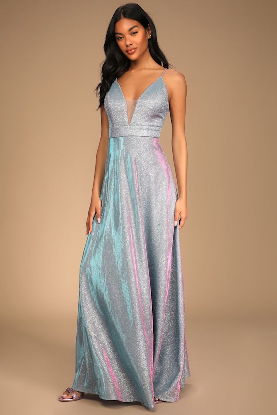 Party Night Shiny Silver Iridescent Maxi Dress 4
