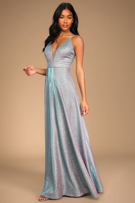 Party Night Shiny Silver Iridescent Maxi Dress 5