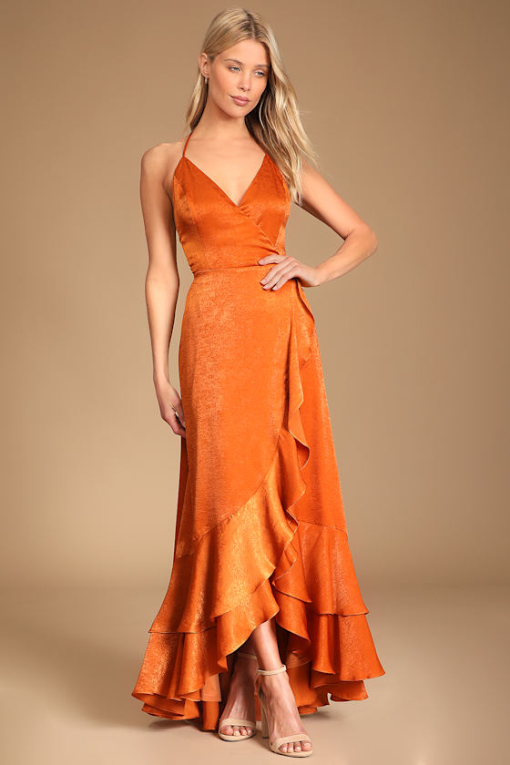 Orange Satin Maxi - Ruffled Maxi - High-Low Maxi - Lace-Up Maxi - Lulus