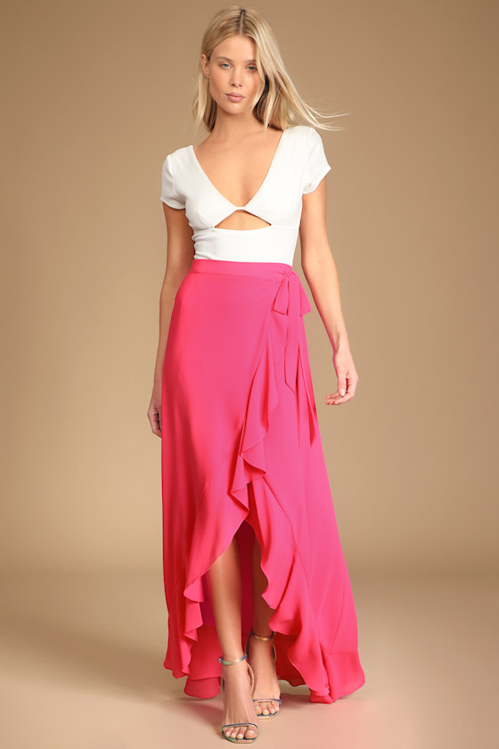 Genuine Happiness Hot Pink Ruffled High-Low Wrap Maxi Skirt 5