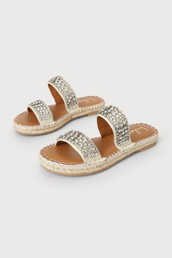 Rhinestone Sandals - Natural Raffia Sandals - Espadrille Slides - Lulus