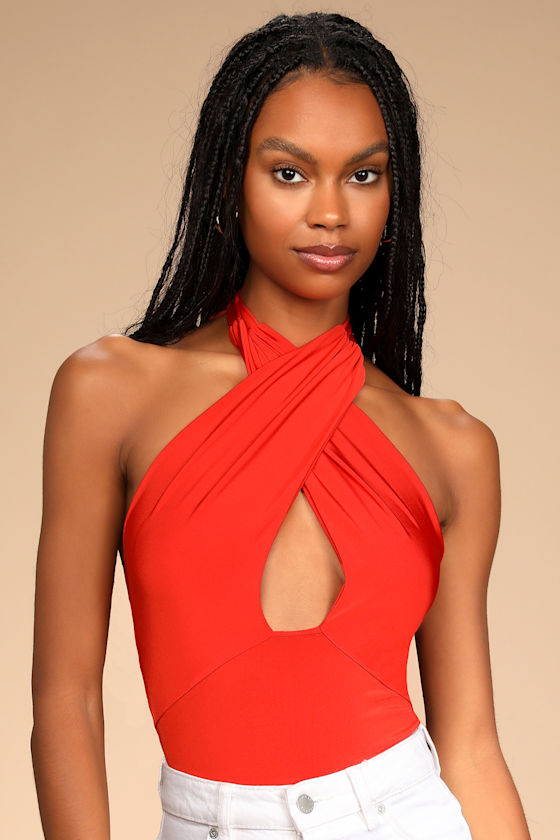 Catch Me Later Red Orange Cross-Front Cutout Halter Bodysuit 4